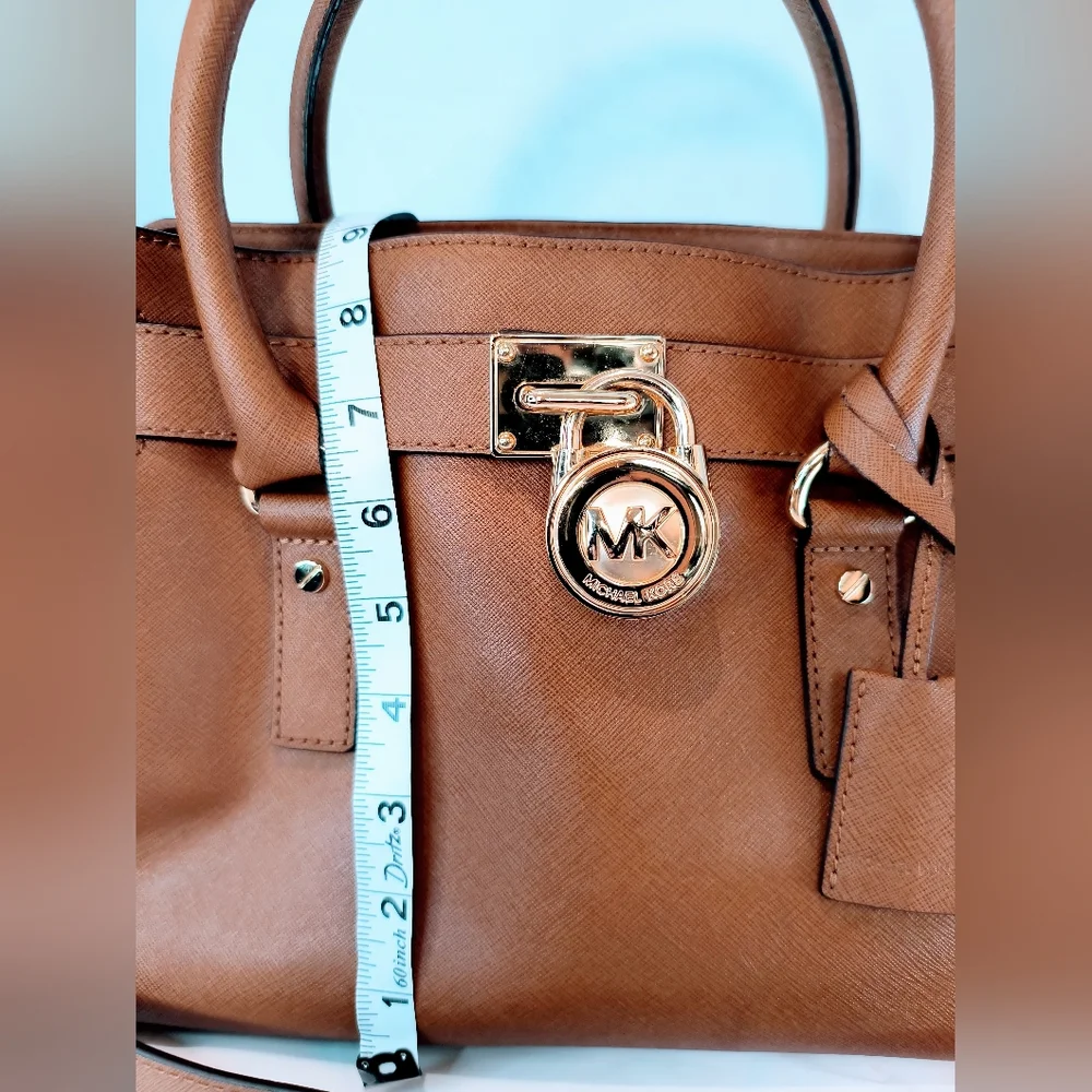 MICHAEL KORS Cognac Hamilton Saffiano Leather Satchel with Gold-Tone Chain Strap